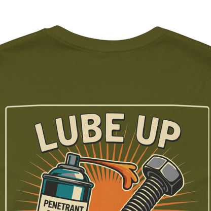 LUBE UP BEFORE SCREWING Graphic T-Shirt | Funny Mechanic Tee | Dirty Garage Humor Shirt | Vintage Automotive Tee