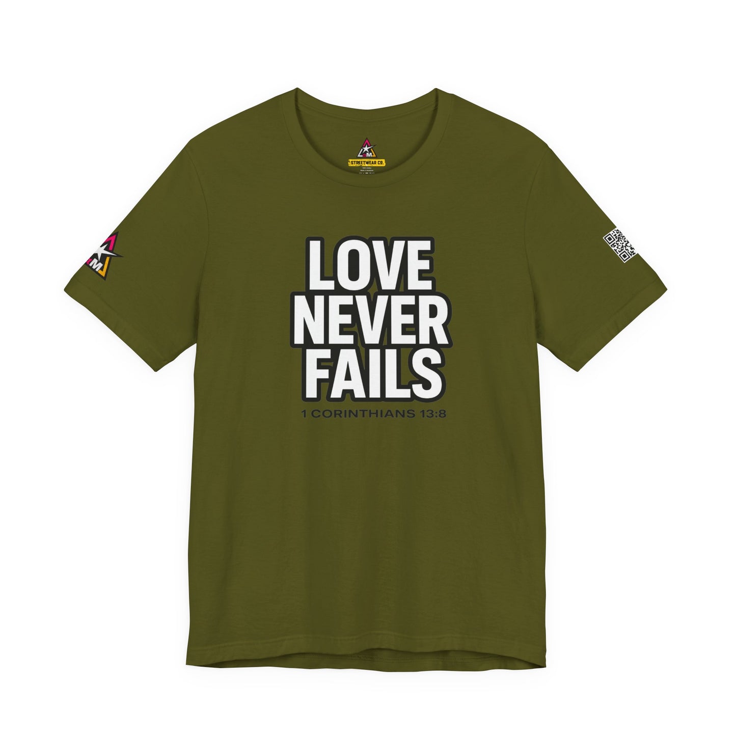 Love Never Fails Graphic T-Shirt | 1 Corinthians 13:8 Christian Tee | Faith & Love Streetwear