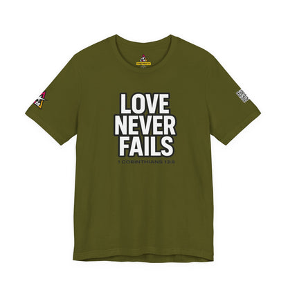 Love Never Fails Graphic T-Shirt | 1 Corinthians 13:8 Christian Tee | Faith & Love Streetwear