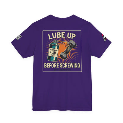 LUBE UP BEFORE SCREWING Graphic T-Shirt | Funny Mechanic Tee | Dirty Garage Humor Shirt | Vintage Automotive Tee