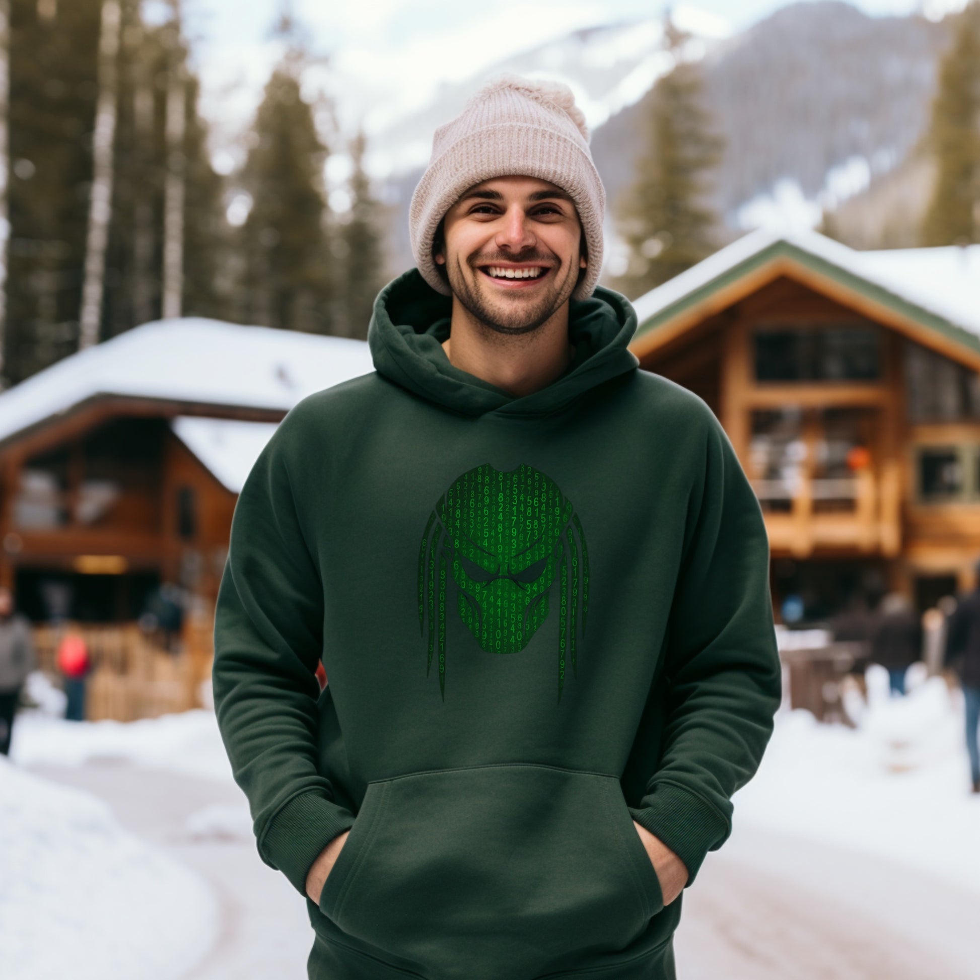 Green Hoodie with Intricate Face Design Hoodie