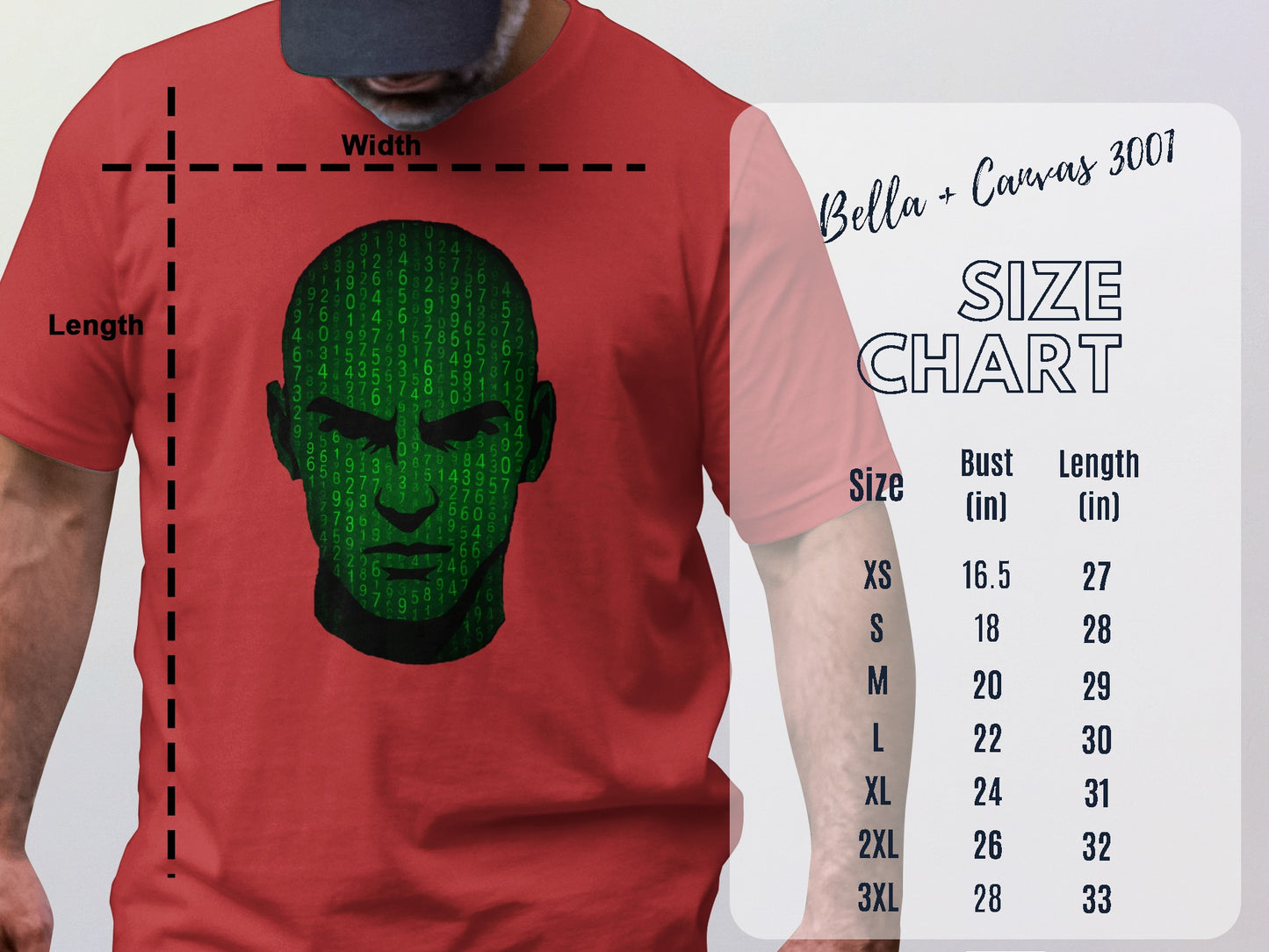 Futuristic Green Code Face T-Shirt Size Chart Display