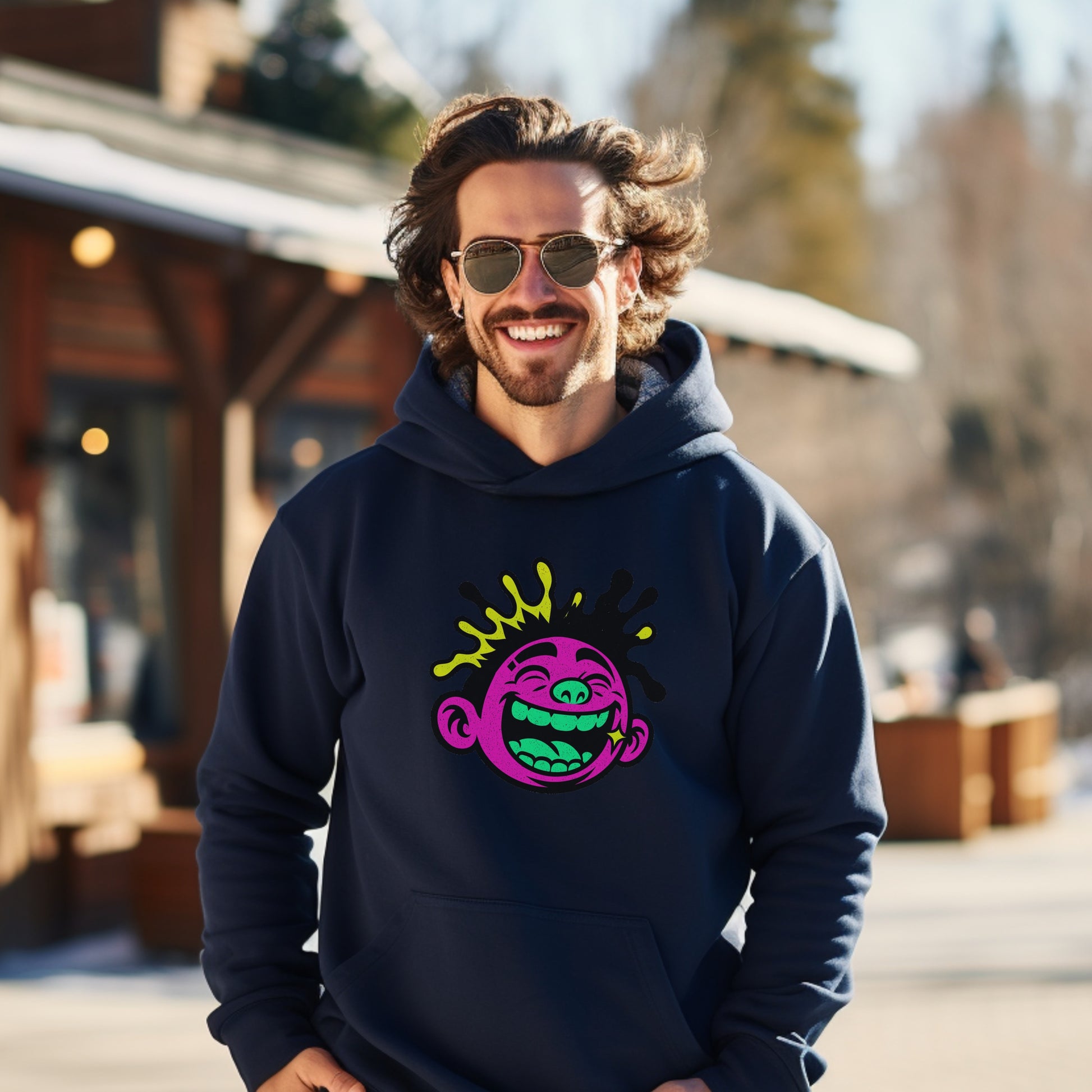Vibrant smiling graphic design on navy hoodie