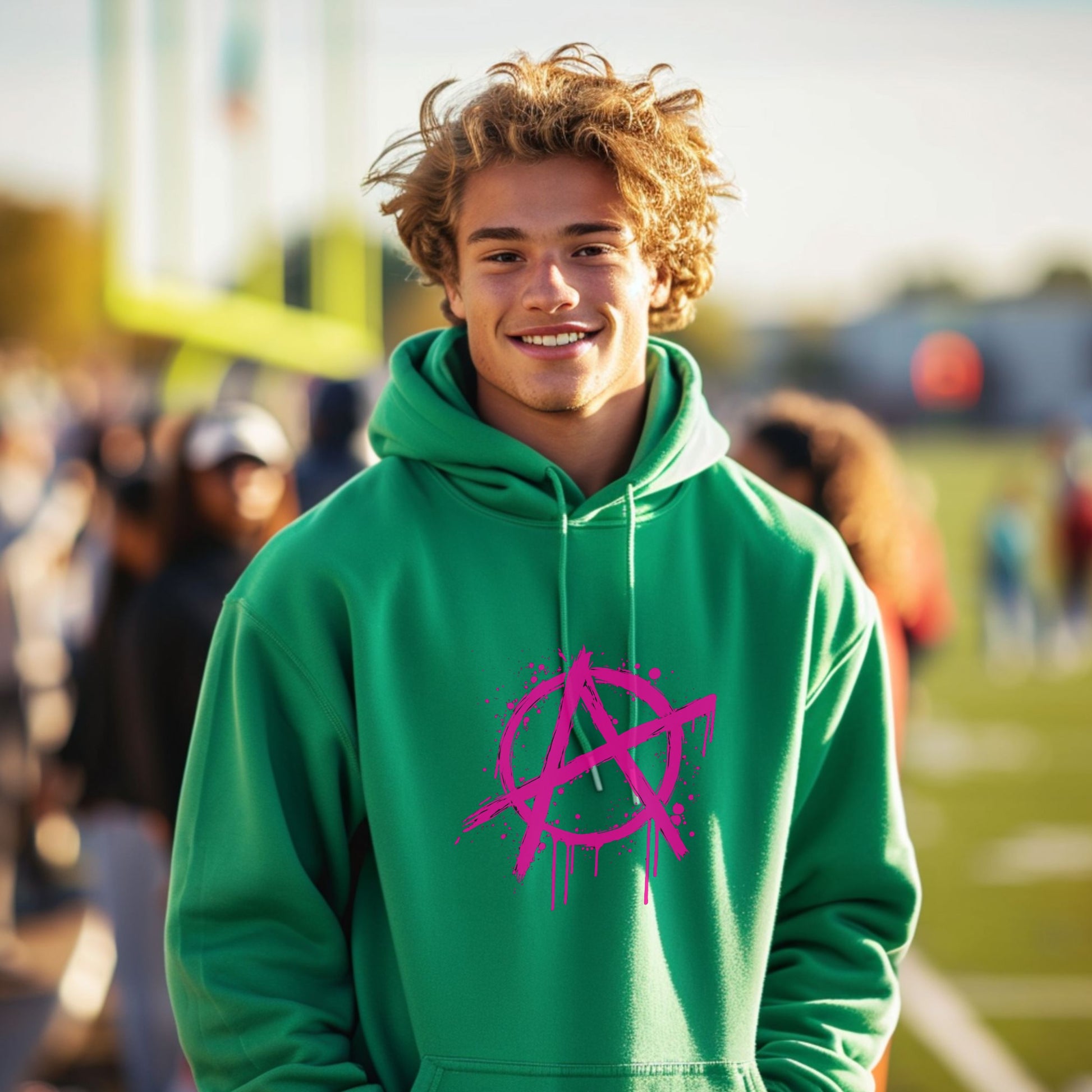 Bold and Edgy Green Hoodie with Anarchy Symbol Design