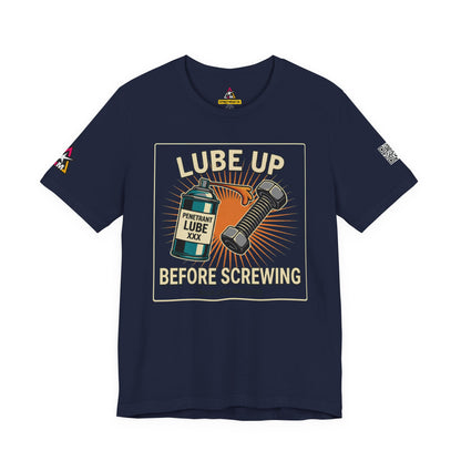LUBE UP BEFORE SCREWING Graphic T-Shirt | Funny Mechanic Tee | Dirty Garage Humor Shirt | Vintage Automotive Tee