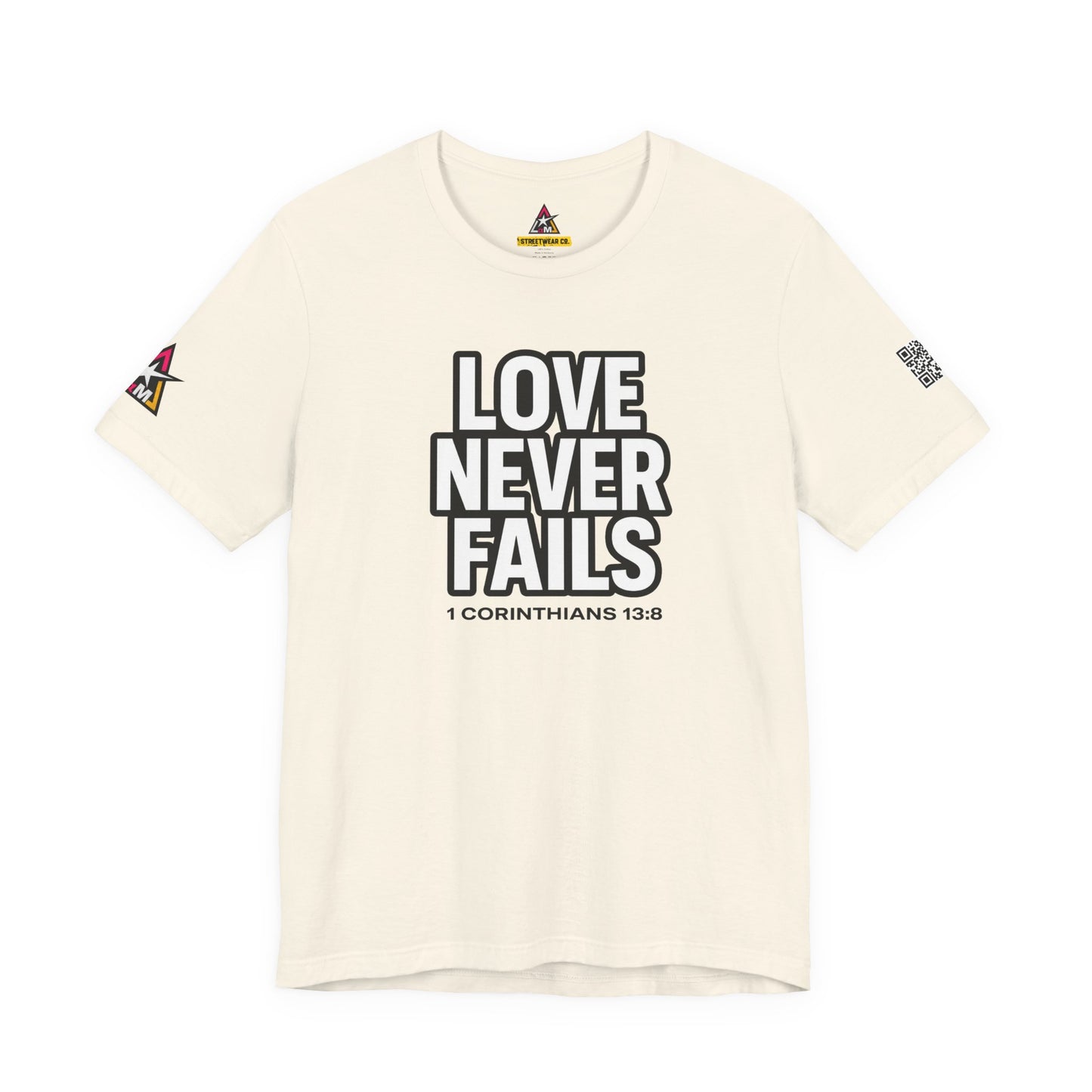 Love Never Fails Graphic T-Shirt | 1 Corinthians 13:8 Christian Tee | Faith & Love Streetwear