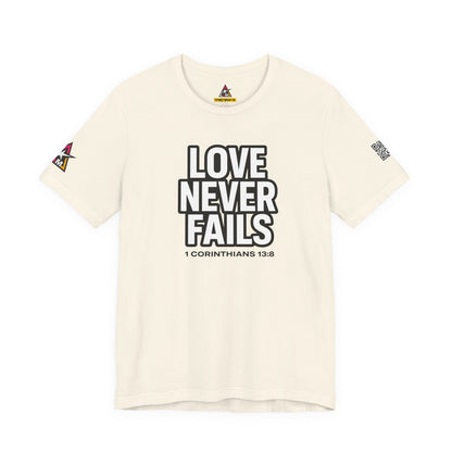 Love Never Fails Graphic T-Shirt | 1 Corinthians 13:8 Christian Tee | Faith & Love Streetwear