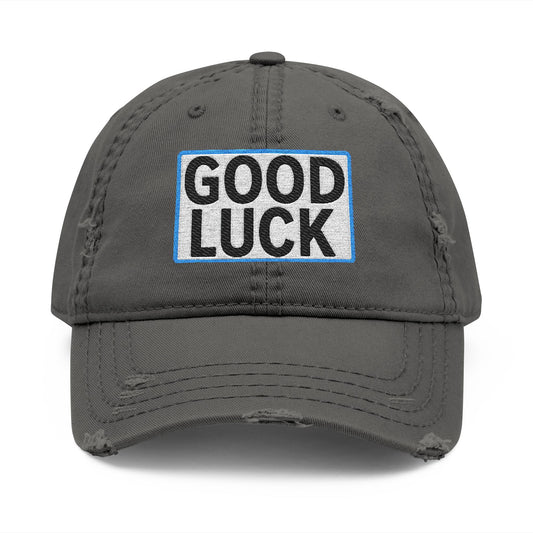 GOOD LUCK Embroidered Vintage Dad Hat | Distressed Baseball Cap | Washed Cotton Adjustable Cap