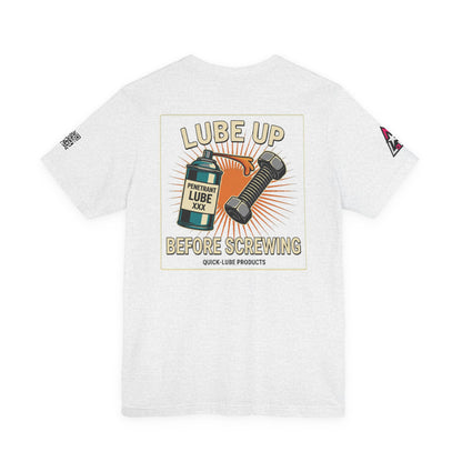 LUBE UP BEFORE SCREWING Graphic T-Shirt | Funny Mechanic Tee | Dirty Garage Humor Shirt | Vintage Automotive Tee