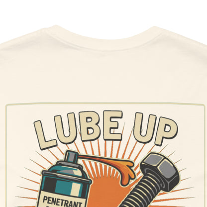 LUBE UP BEFORE SCREWING Graphic T-Shirt | Funny Mechanic Tee | Dirty Garage Humor Shirt | Vintage Automotive Tee