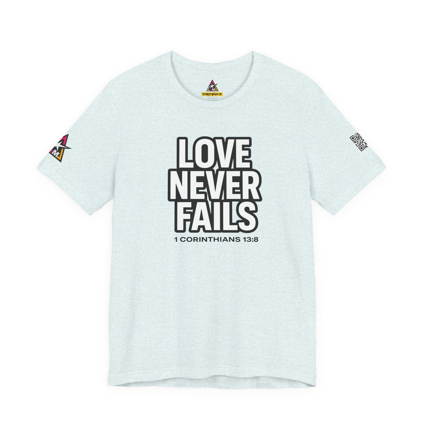 Love Never Fails Graphic T-Shirt | 1 Corinthians 13:8 Christian Tee | Faith & Love Streetwear