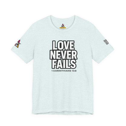 Love Never Fails Graphic T-Shirt | 1 Corinthians 13:8 Christian Tee | Faith & Love Streetwear