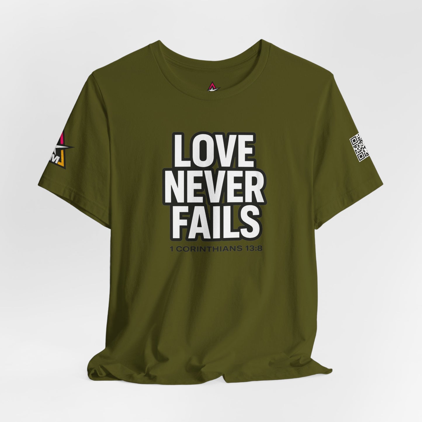 Love Never Fails Graphic T-Shirt | 1 Corinthians 13:8 Christian Tee | Faith & Love Streetwear