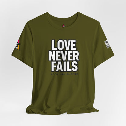 Love Never Fails Graphic T-Shirt | 1 Corinthians 13:8 Christian Tee | Faith & Love Streetwear