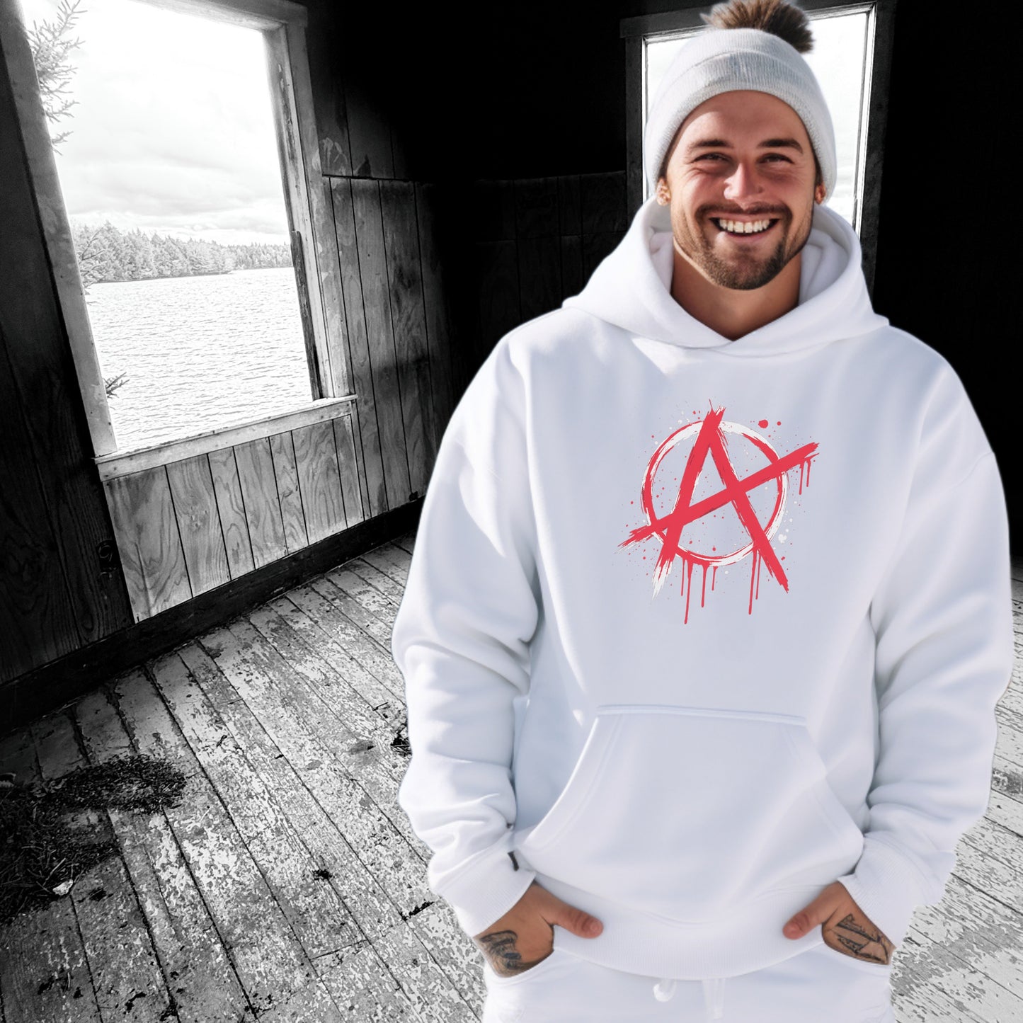 Distressed Red Anarchy Symbol on Cozy White Hoodie