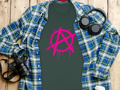 Pink Anarchy Symbol on Green Modern Graphic Tee