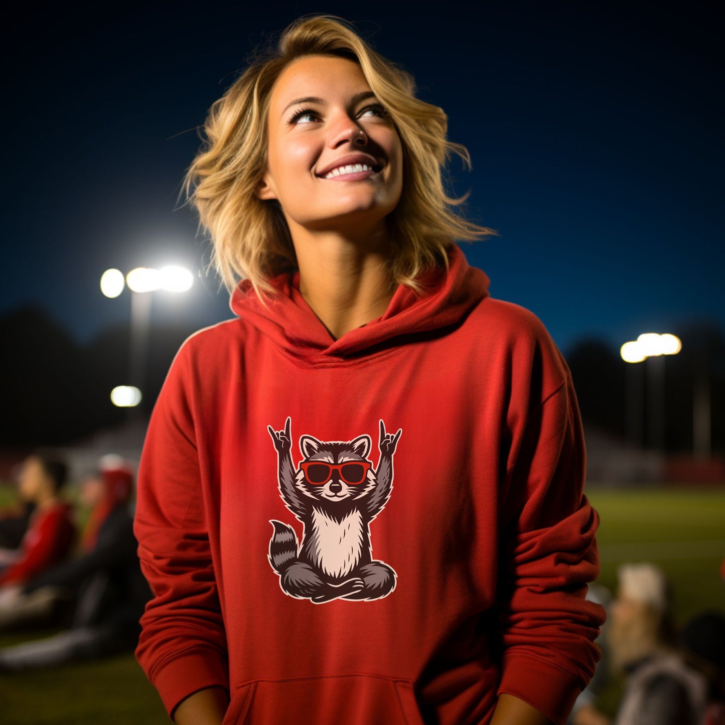 Trendy Red Hoodie with Cool Raccoon Print Design