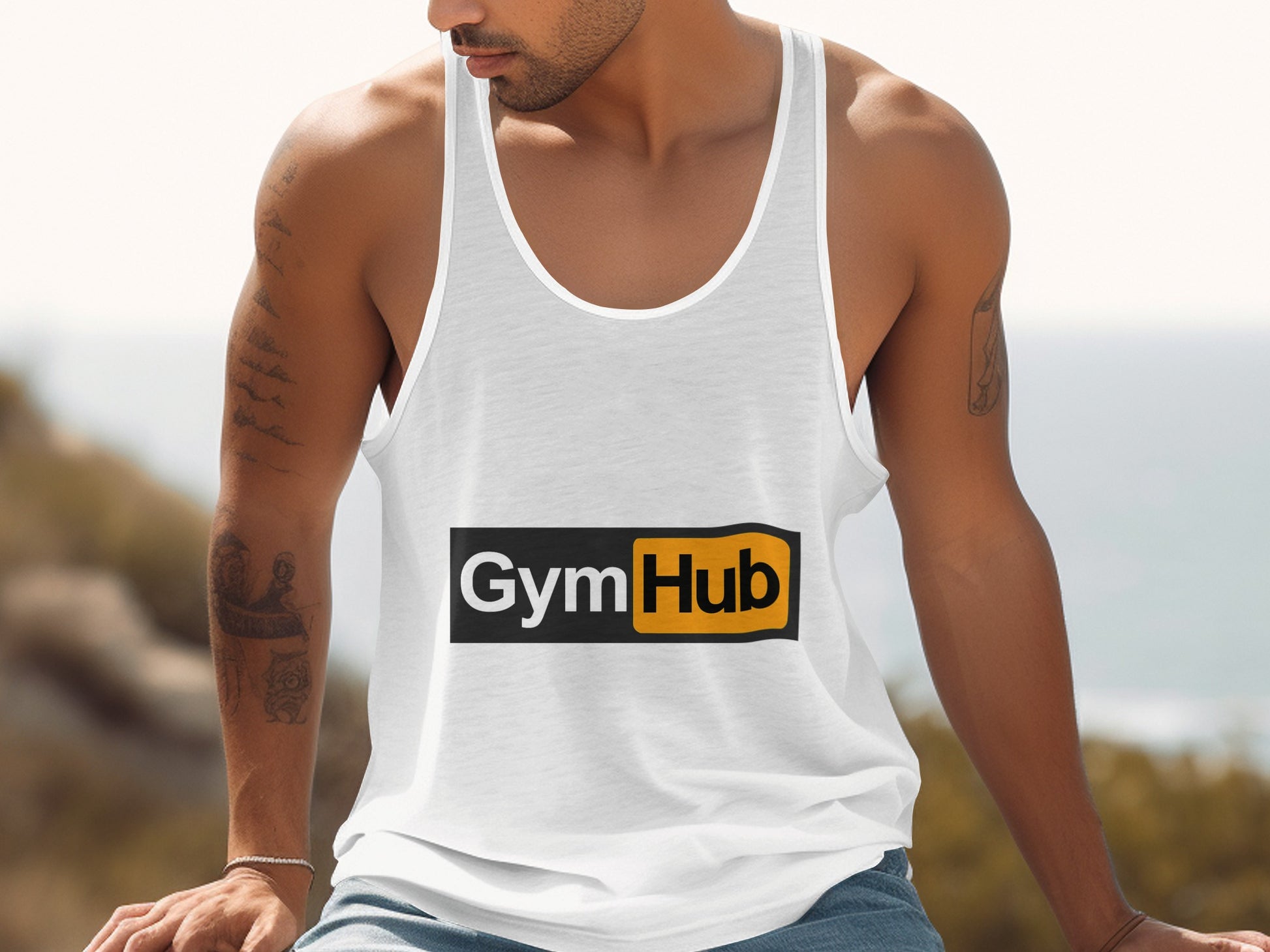 GymHub Logo Printed White Sleeveless Tank Top product