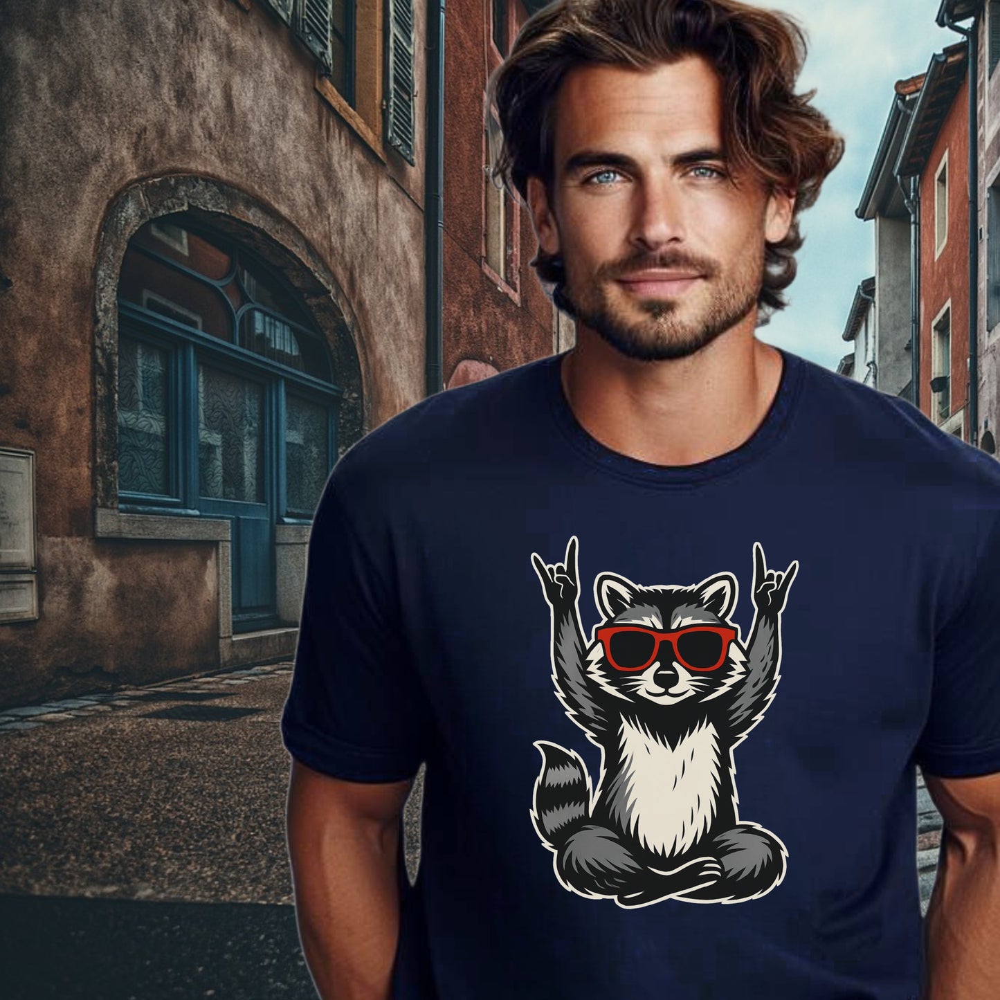 Cool Raccoon Graphic Tee Rock Hand Sign Design