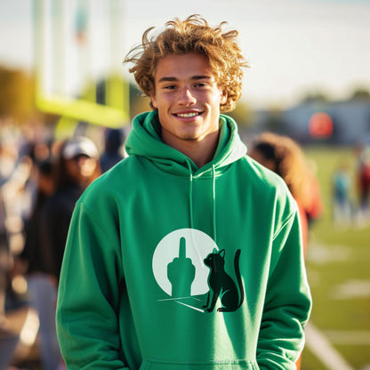 Green Hooded Sweatshirt with Cat and Moon Design