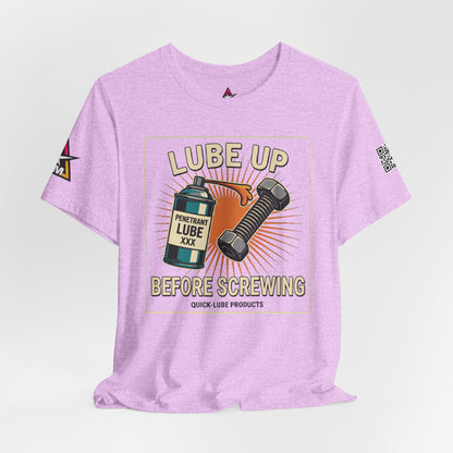 LUBE UP BEFORE SCREWING Graphic T-Shirt | Funny Mechanic Tee | Dirty Garage Humor Shirt | Vintage Automotive Tee