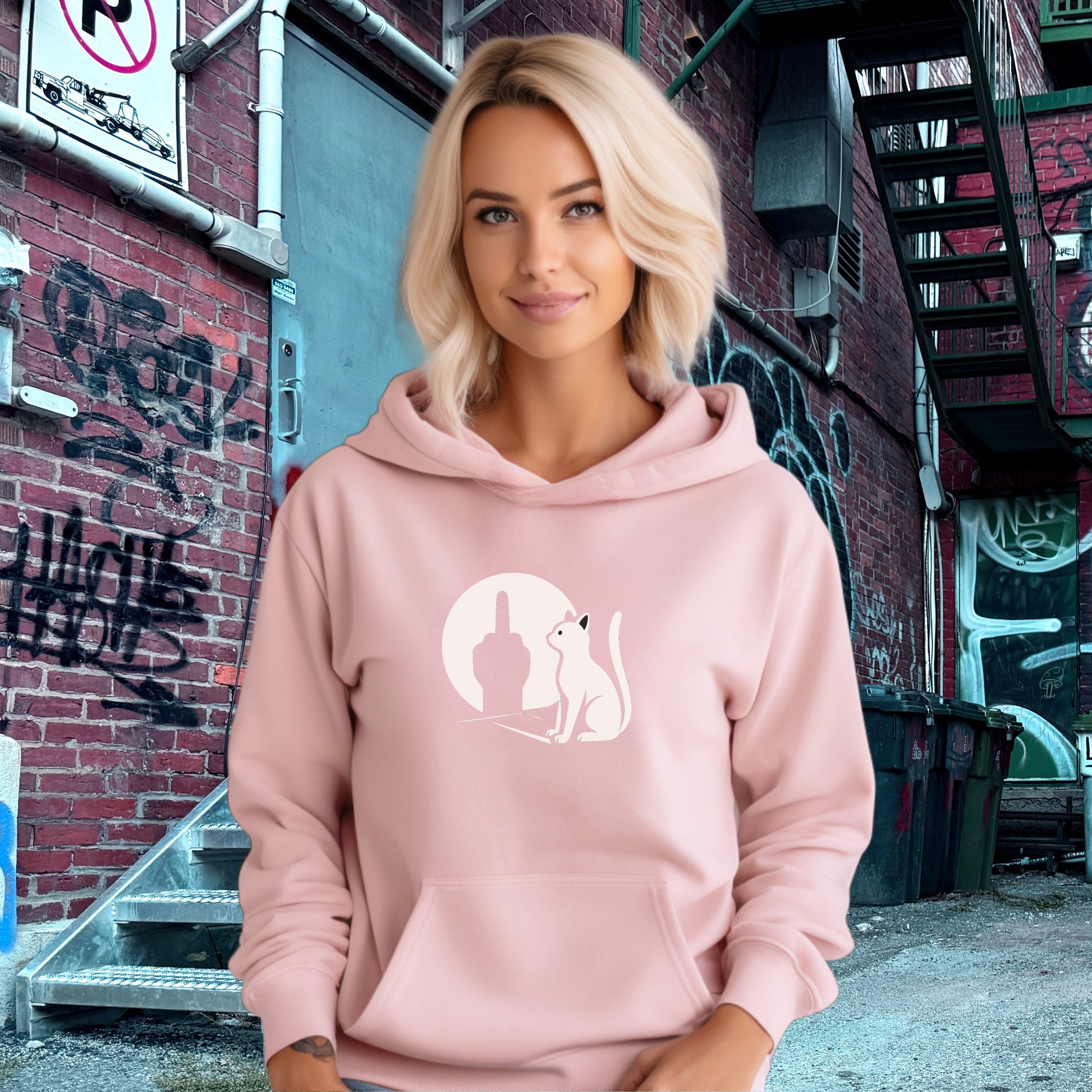Cat Giving Finger Moon Design Pink Hoodie
