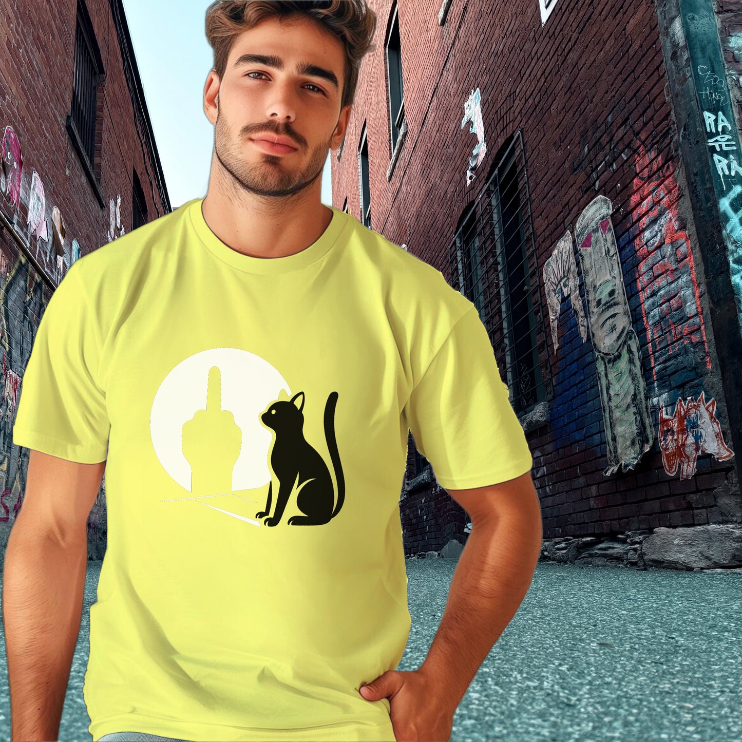 Yellow T-shirt Featuring Cat with Moon Background Design