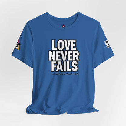 Love Never Fails Graphic T-Shirt | 1 Corinthians 13:8 Christian Tee | Faith & Love Streetwear