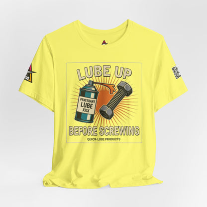 LUBE UP BEFORE SCREWING Graphic T-Shirt | Funny Mechanic Tee | Dirty Garage Humor Shirt | Vintage Automotive Tee