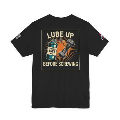 LUBE UP BEFORE SCREWING Graphic T-Shirt | Funny Mechanic Tee | Dirty Garage Humor Shirt | Vintage Automotive Tee