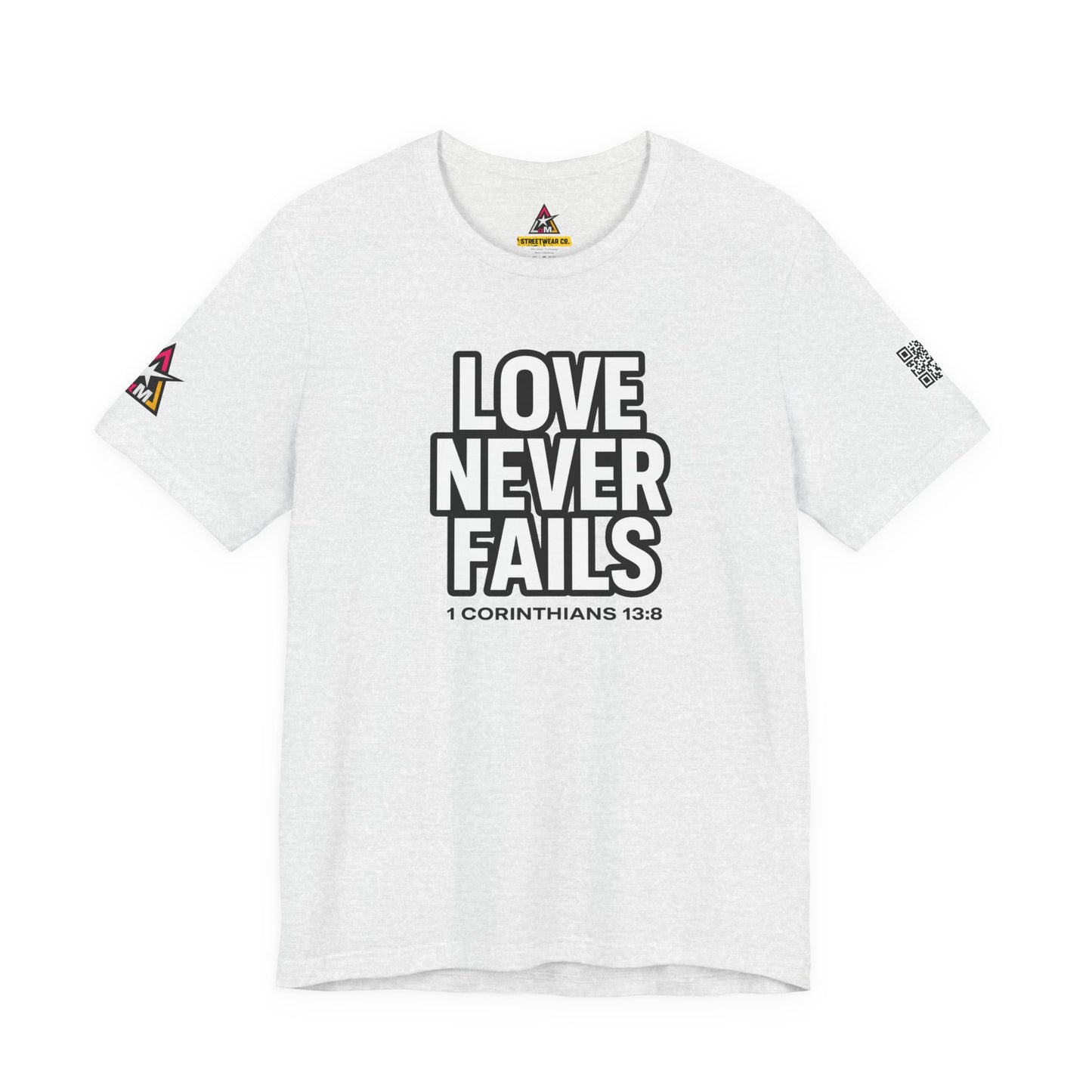 Love Never Fails Graphic T-Shirt | 1 Corinthians 13:8 Christian Tee | Faith & Love Streetwear