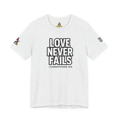 Love Never Fails Graphic T-Shirt | 1 Corinthians 13:8 Christian Tee | Faith & Love Streetwear