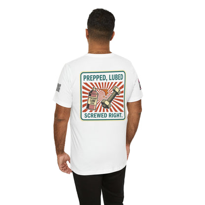 PREPPED, LUBED, SCREWED RIGHT Graphic T-Shirt | Mechanic Humor Tee | Funny Garage Shirt | Vintage Streetwear Tee