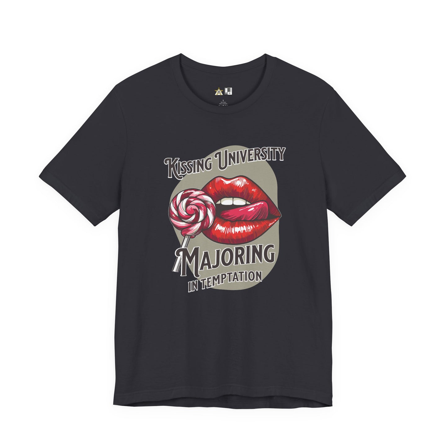 “KISSING UNIVERSITY MAJORING IN TEMPTATION.” Provocative Lips Graphic T-Shirt