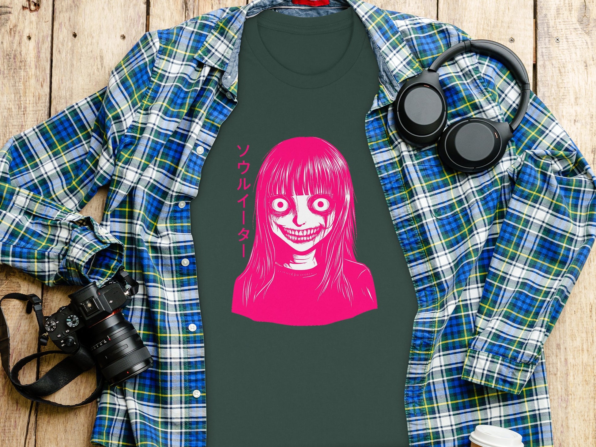 Bright Pink Soul Eater Design on Teal Shirt