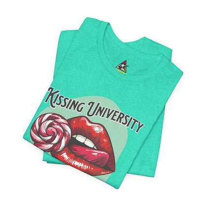 Kissing University Bachelor’s Graphic T-Shirt | Flirty Retro Tee | Funny Kissing Shirt
