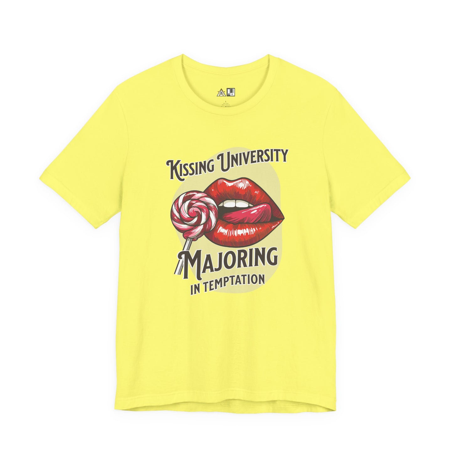 “KISSING UNIVERSITY MAJORING IN TEMPTATION.” Provocative Lips Graphic T-Shirt