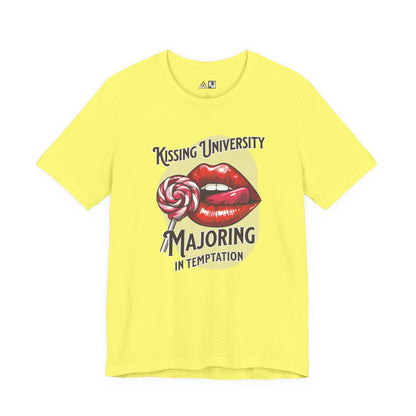 “KISSING UNIVERSITY MAJORING IN TEMPTATION.” Provocative Lips Graphic T-Shirt