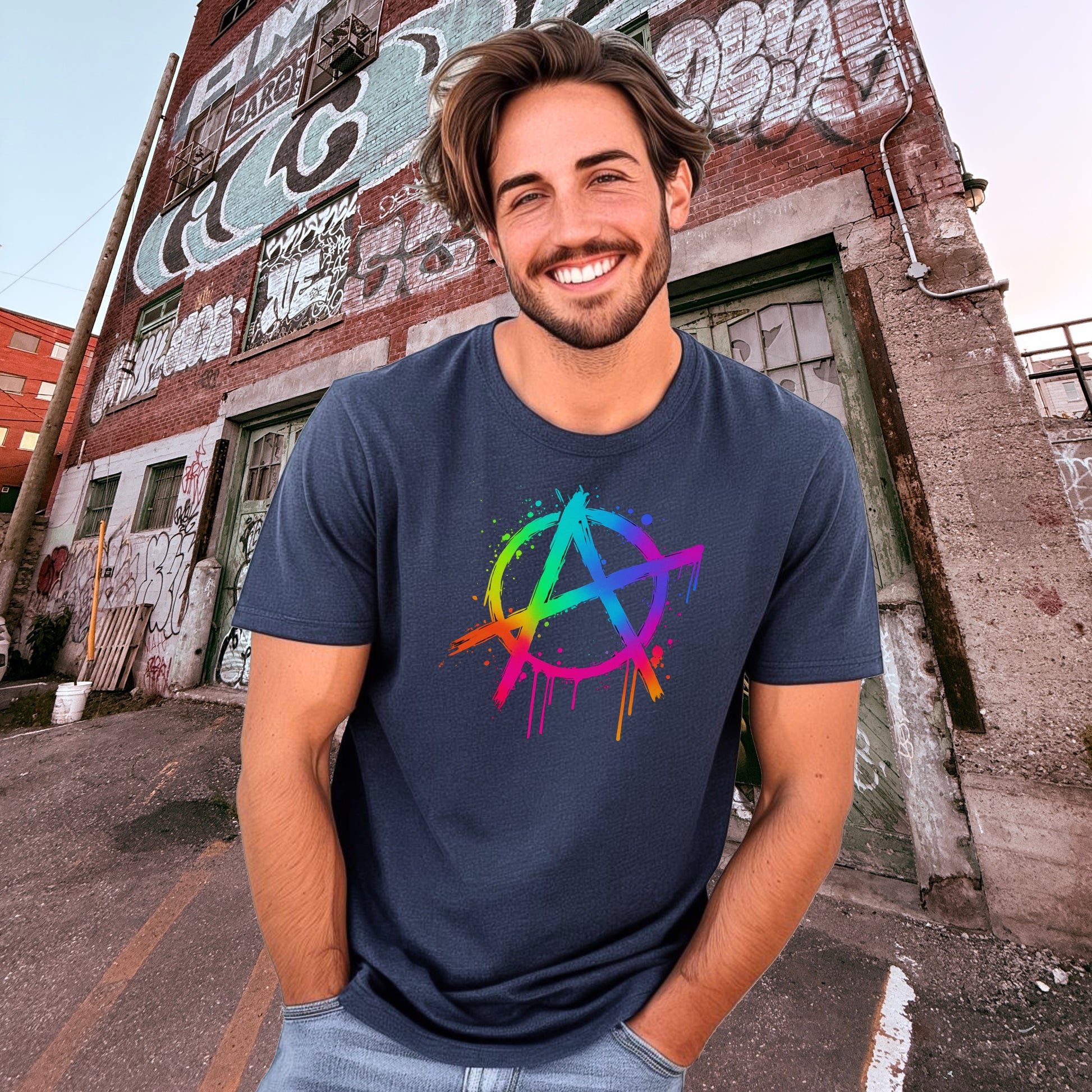 Colorful Anarchy Symbol Artwork on Men's Apparel