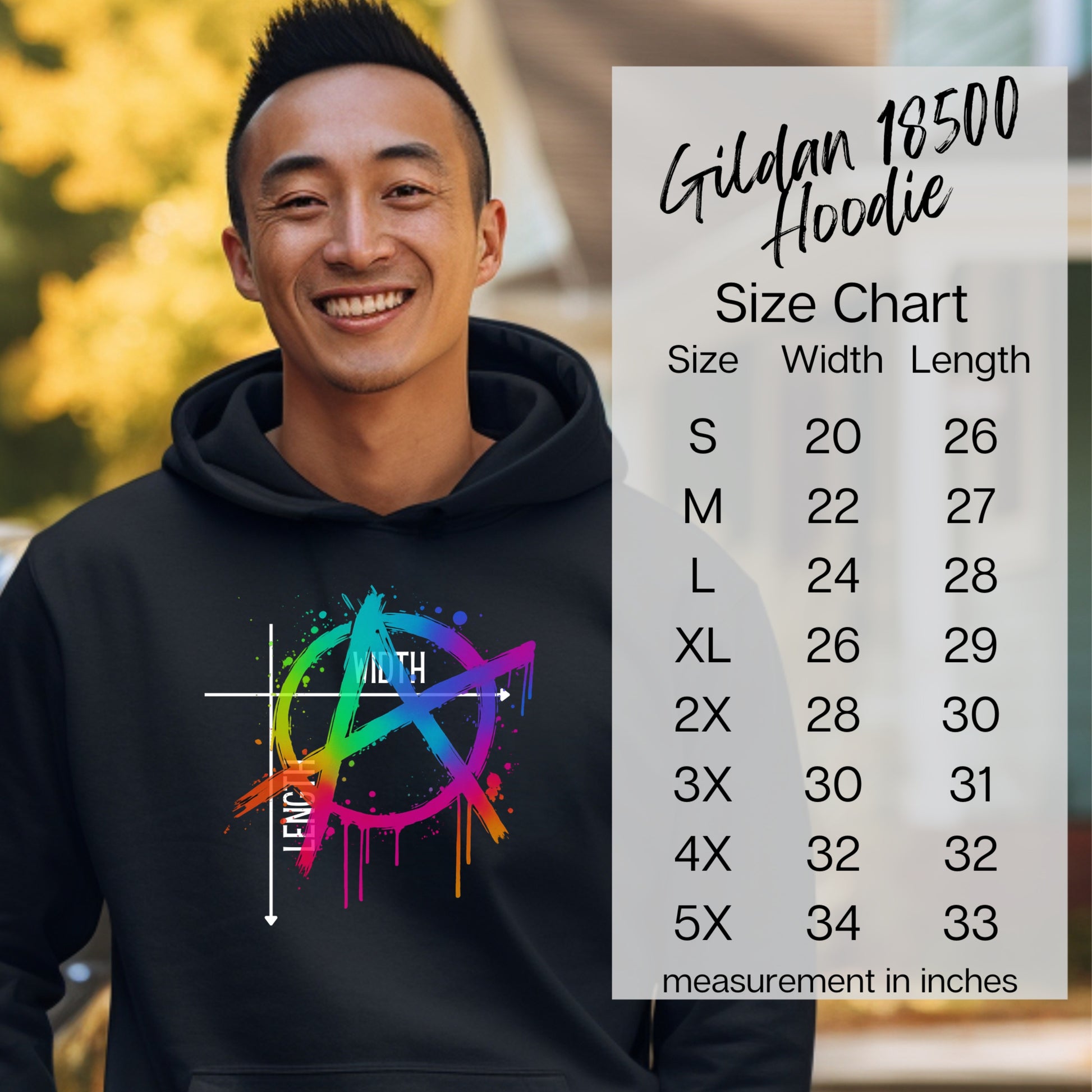 Gildan 18500 Hoodie Colorful Design Size Chart Display