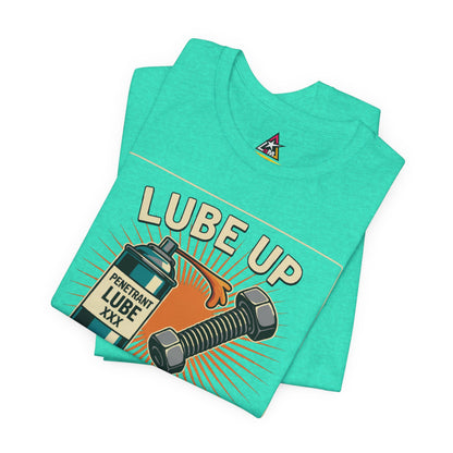 LUBE UP BEFORE SCREWING Graphic T-Shirt | Funny Mechanic Tee | Dirty Garage Humor Shirt | Vintage Automotive Tee