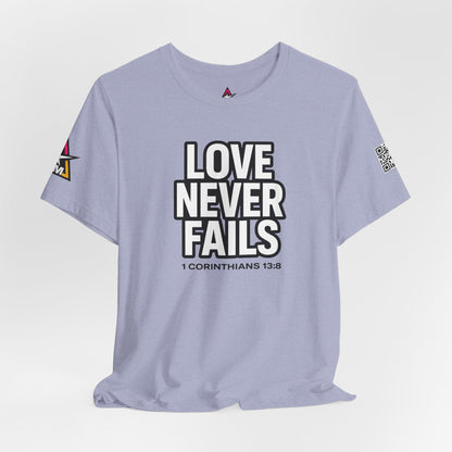 Love Never Fails Graphic T-Shirt | 1 Corinthians 13:8 Christian Tee | Faith & Love Streetwear
