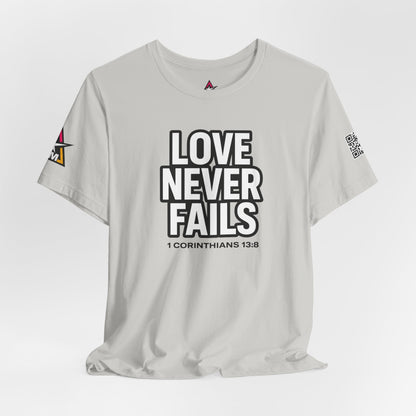 Love Never Fails Graphic T-Shirt | 1 Corinthians 13:8 Christian Tee | Faith & Love Streetwear