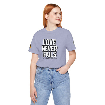 Love Never Fails Graphic T-Shirt | 1 Corinthians 13:8 Christian Tee | Faith & Love Streetwear
