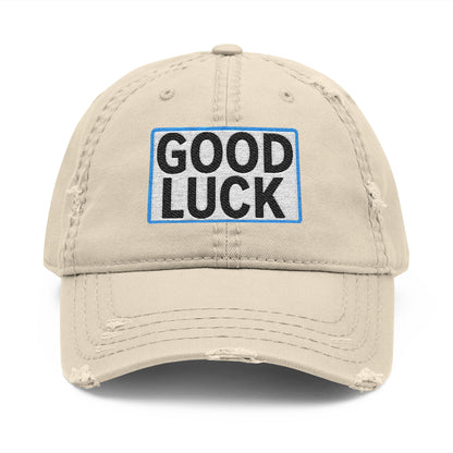 GOOD LUCK Embroidered Vintage Dad Hat | Distressed Baseball Cap | Washed Cotton Adjustable Cap