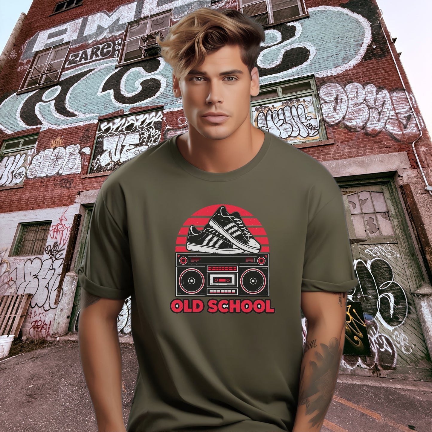 Retro Graphic Tee with Sneakers and Boombox Design