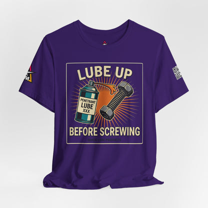 LUBE UP BEFORE SCREWING Graphic T-Shirt | Funny Mechanic Tee | Dirty Garage Humor Shirt | Vintage Automotive Tee