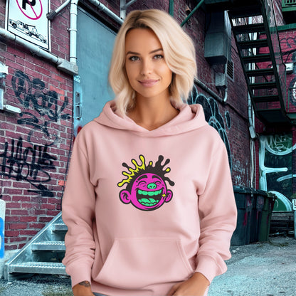 Vibrant Pink Hoodie with Graffiti Style Smiling Face Design