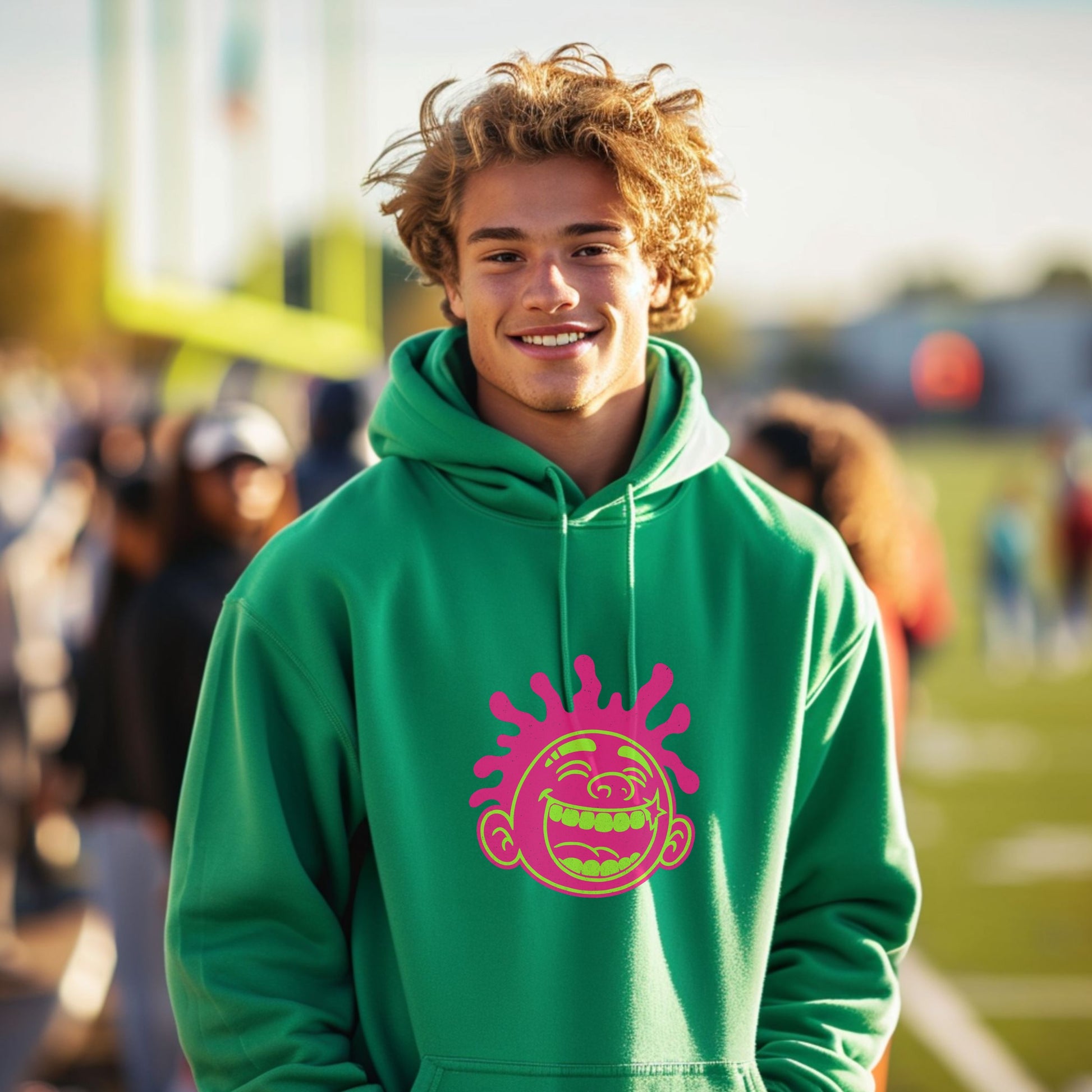 Bright Green Hoodie with Colorful Graphic Design