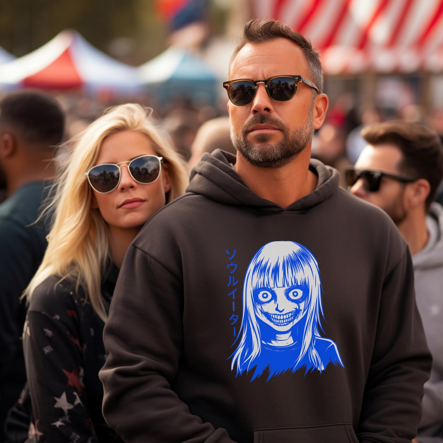 Creepy Blue Smiling Face Hoodie for Halloween Enthusiasts